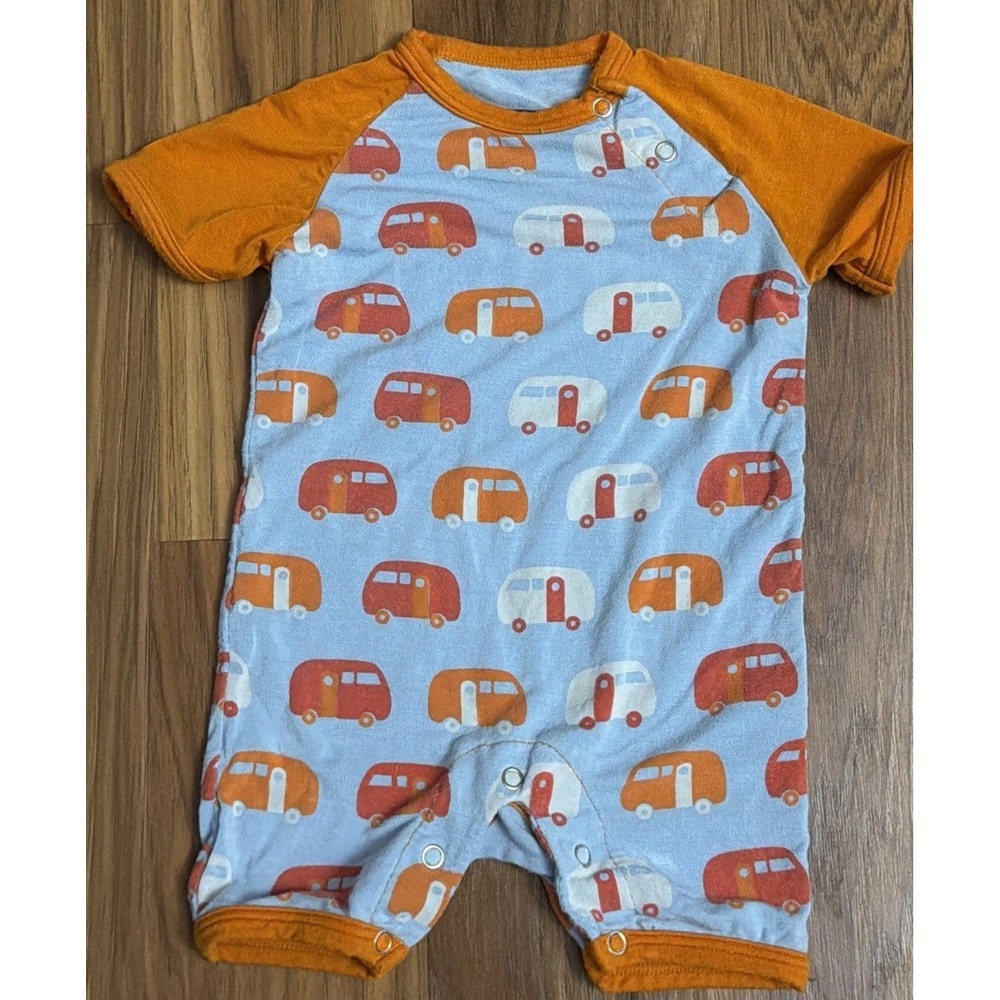 Kickee Pants Newborn Baby Boys Shortall Outfit Bus GUC Blue Orange 0-3